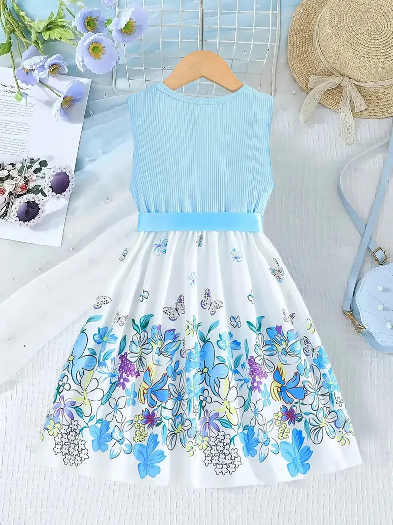 A Fresh And Cute Sleeveless Blue Floral Pattern Dress For Summer