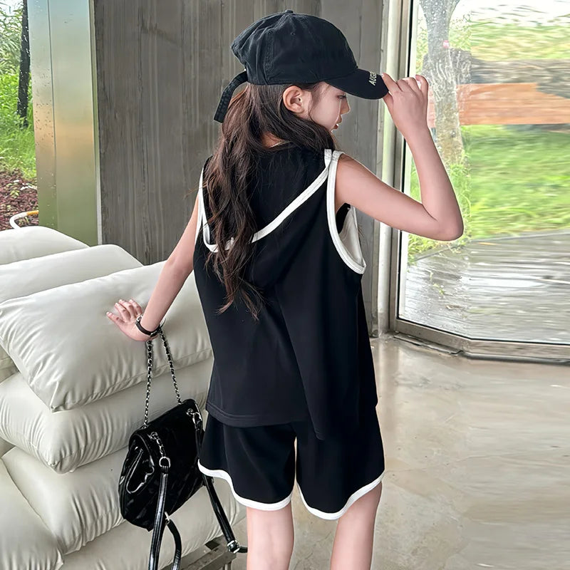 Girl Shorts Set Summer Solid Colors Patchwork design Kids Sports Clothing Suit Casual Child Hoodies Sleeveless Shirt Outfits 12