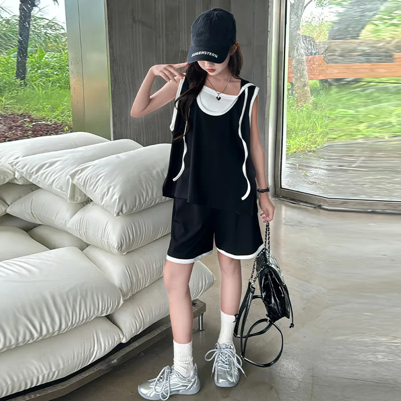 Girl Shorts Set Summer Solid Colors Patchwork design Kids Sports Clothing Suit Casual Child Hoodies Sleeveless Shirt Outfits 12