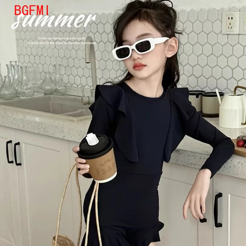 Girls Swimwear Hot Spring Clothing New Teen Girls' Summer Swimsuit Teenage High End Long Sleeved Flounce Sunscreen Swimsuit