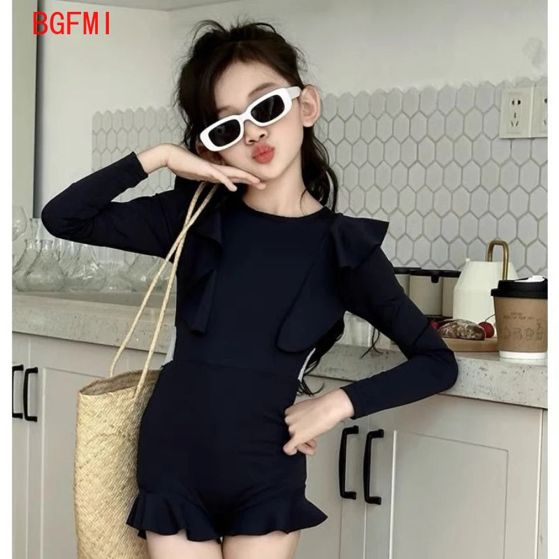 Girls Swimwear Hot Spring Clothing New Teen Girls' Summer Swimsuit Teenage High End Long Sleeved Flounce Sunscreen Swimsuit