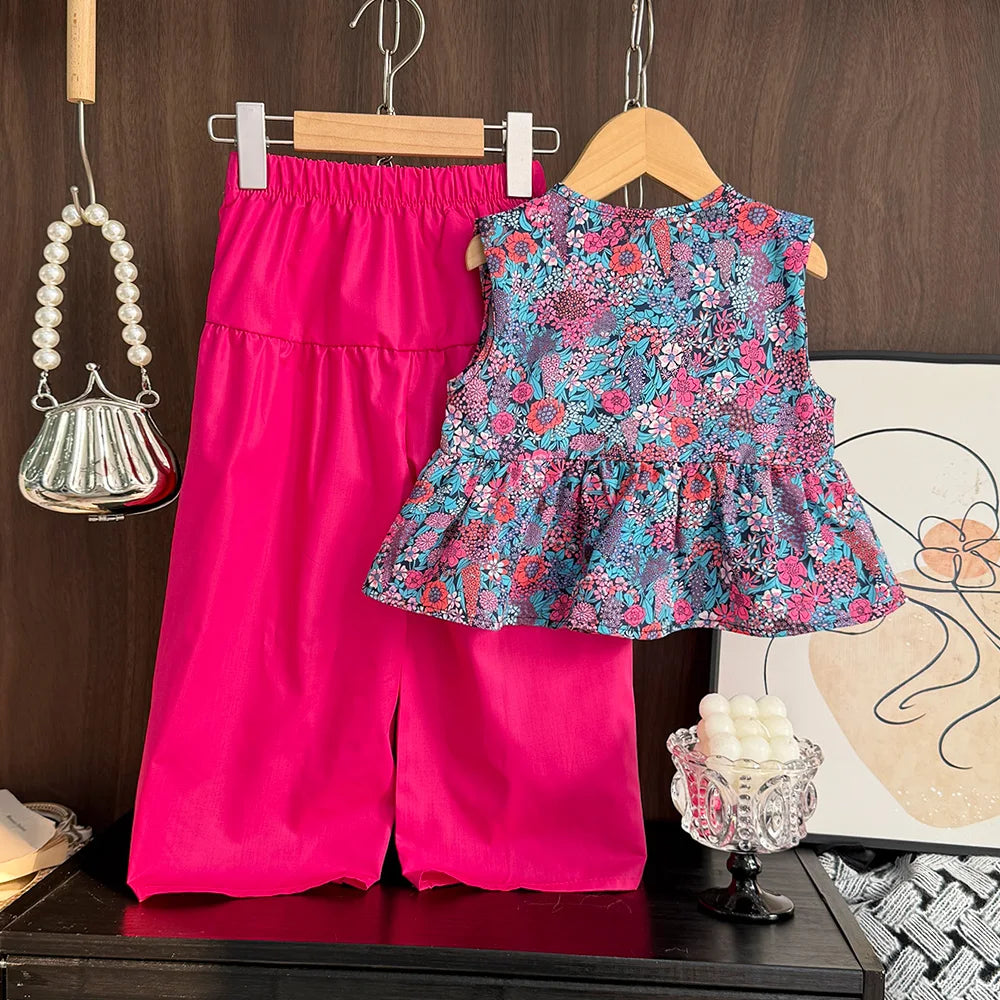 Summer Fashion Girls Clothing 3-7 Years Old Flower Printed Sleeveless Tops and Wide Leg Pants Two-piece Set Casual Girls Clothes