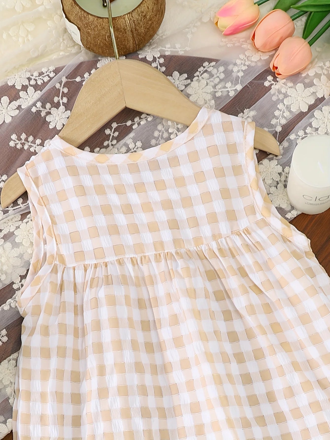 Summer Girls' Outdoor Casual Sleeveless Dress Summer Girls' Refreshing Checked Large Skirt Hem True Button Dress