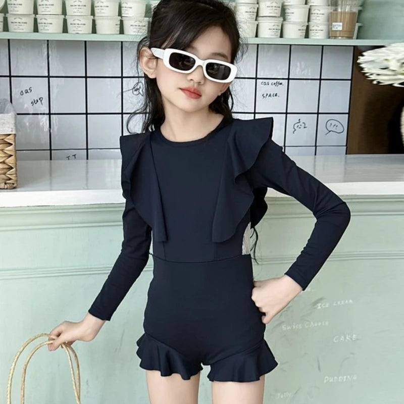 Girls Swimwear Hot Spring Clothing New Teen Girls' Summer Swimsuit Teenage High End Long Sleeved Flounce Sunscreen Swimsuit