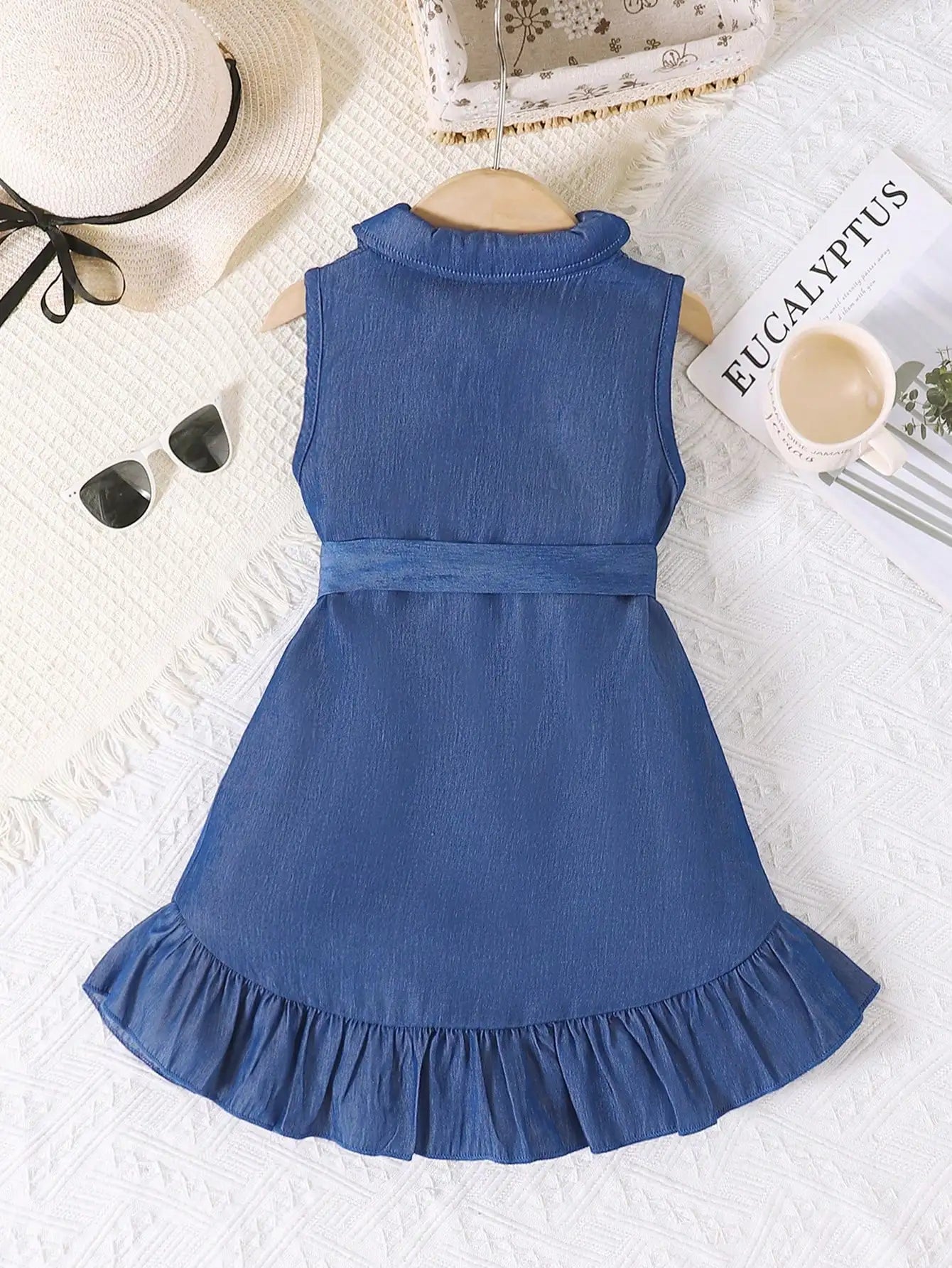 Girl's Casual Dress, Street Fashion, Sleeveless Dress With Ruffle Hem And Buckle Belt