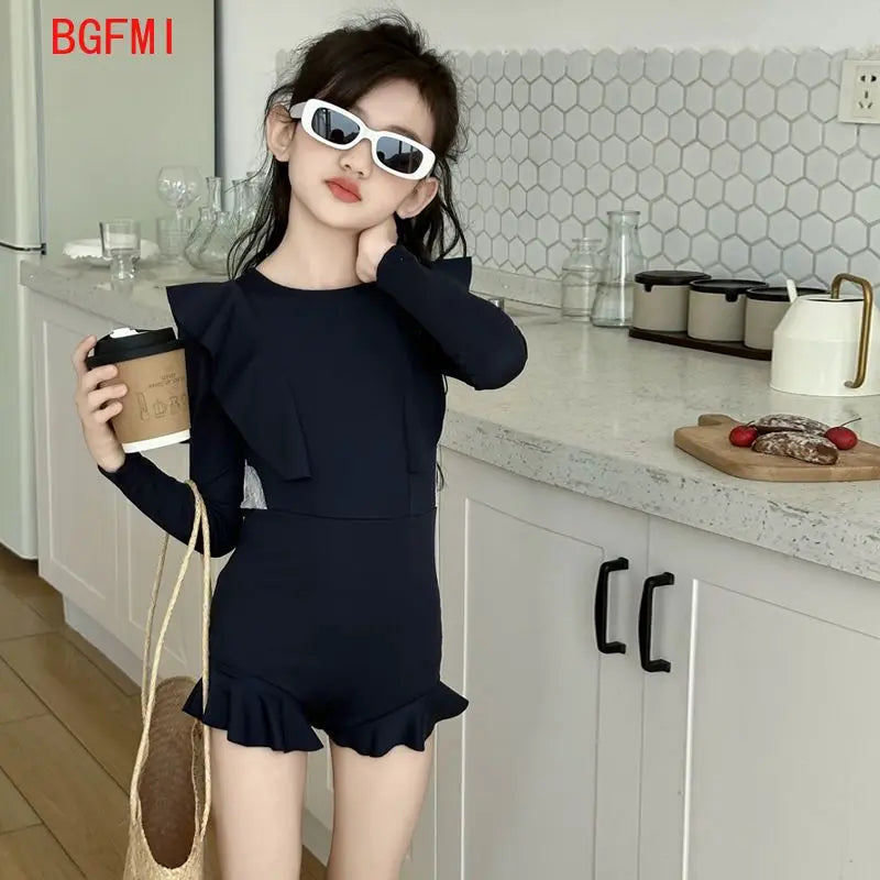 Girls Swimwear Hot Spring Clothing New Teen Girls' Summer Swimsuit Teenage High End Long Sleeved Flounce Sunscreen Swimsuit