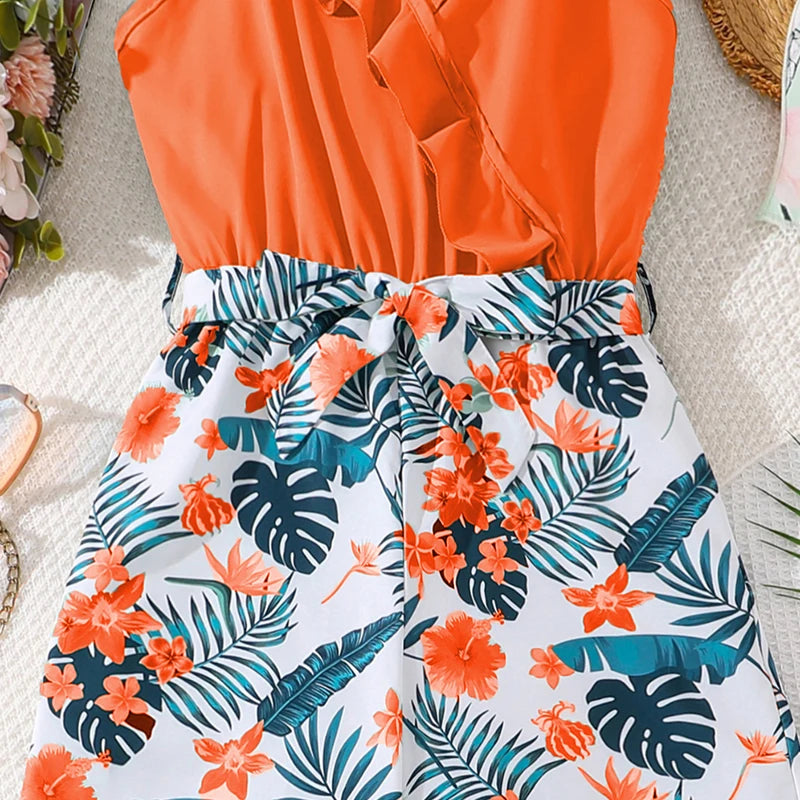 Summer Jumpsuit for 8-12 Year Old Girls Orange Sling Splicing Floral Print Trousers with Decorative Belt Leisure Vacation Wear