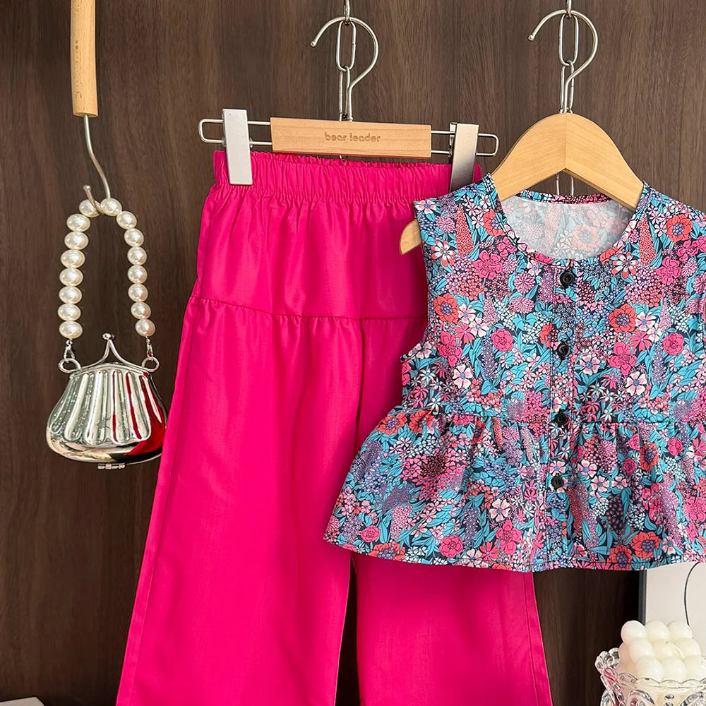 Summer Fashion Girls Clothing 3-7 Years Old Flower Printed Sleeveless Tops and Wide Leg Pants Two-piece Set Casual Girls Clothes