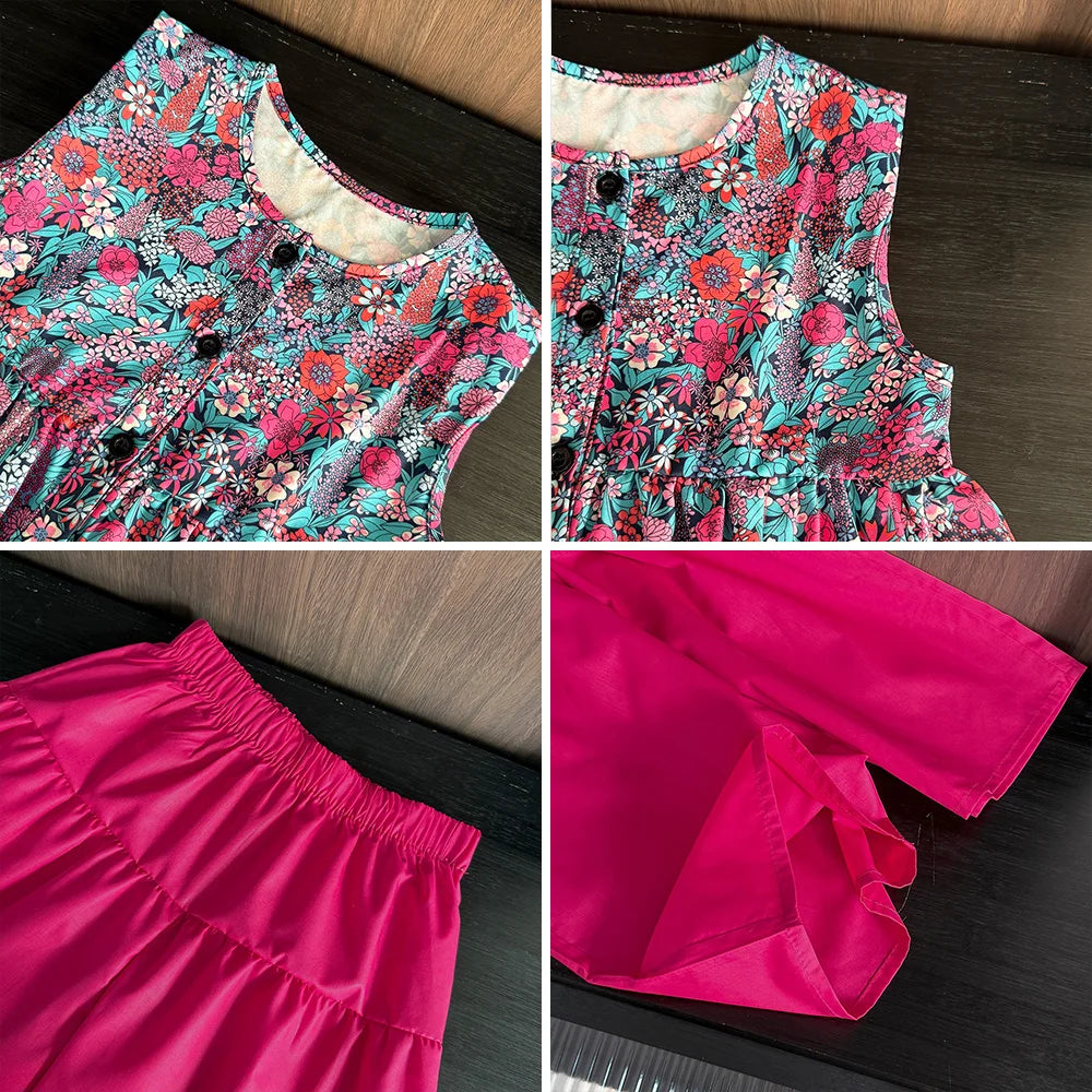Summer Fashion Girls Clothing 3-7 Years Old Flower Printed Sleeveless Tops and Wide Leg Pants Two-piece Set Casual Girls Clothes