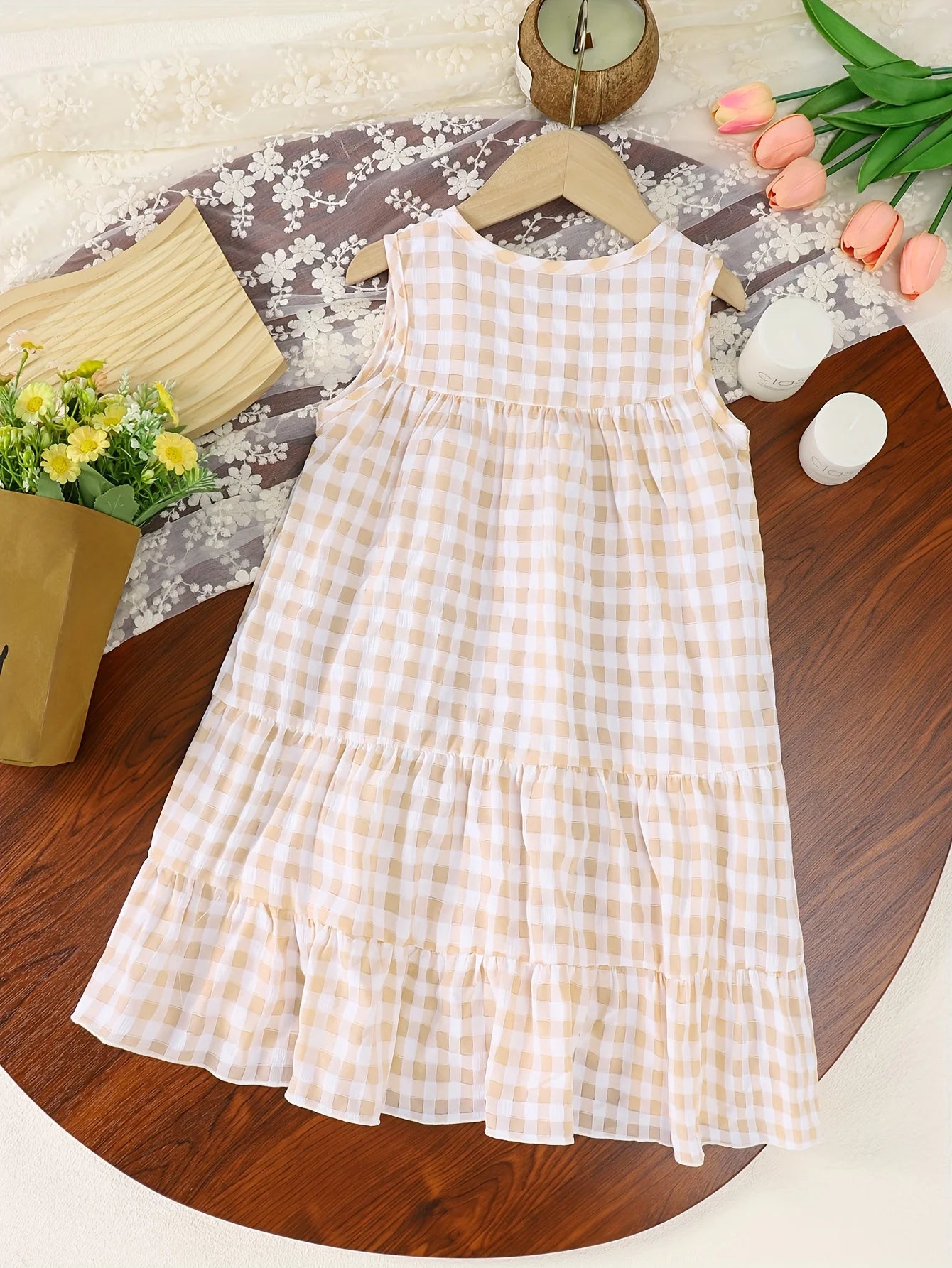 Summer Girls' Outdoor Casual Sleeveless Dress Summer Girls' Refreshing Checked Large Skirt Hem True Button Dress