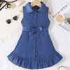 Girl's Casual Dress, Street Fashion, Sleeveless Dress With Ruffle Hem And Buckle Belt