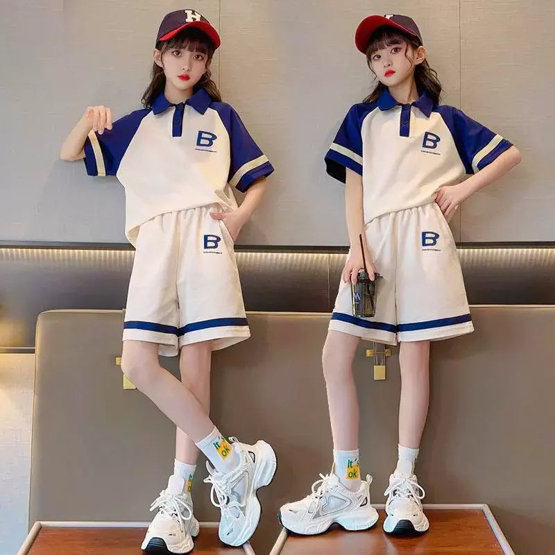 Kids Short-sleeved Set Striped T-shirt +Shorts Girls Summer Trendy Costume Teenage Fashion Casual Tracksuits Children's Clothing