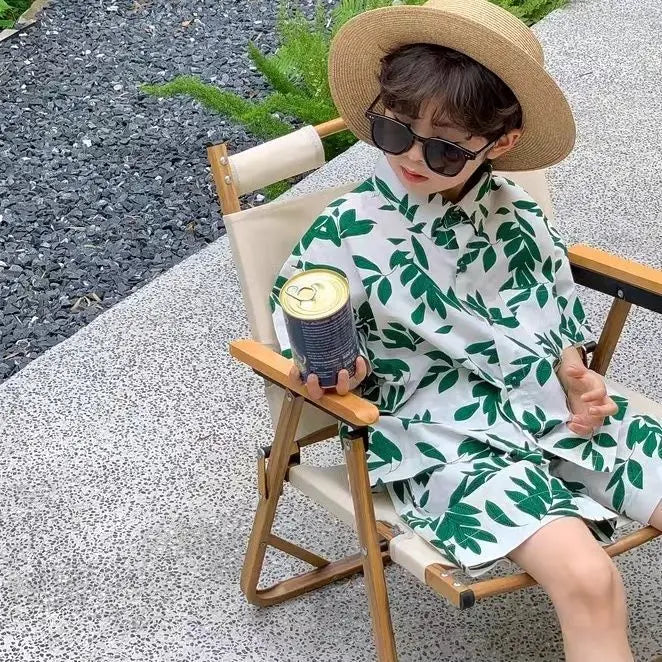 Summer New Style 2025 Hot Short Sleeve Shorts Two Piece Set Trendy Western Style Children's Handsome Street Explosion Shirt Set