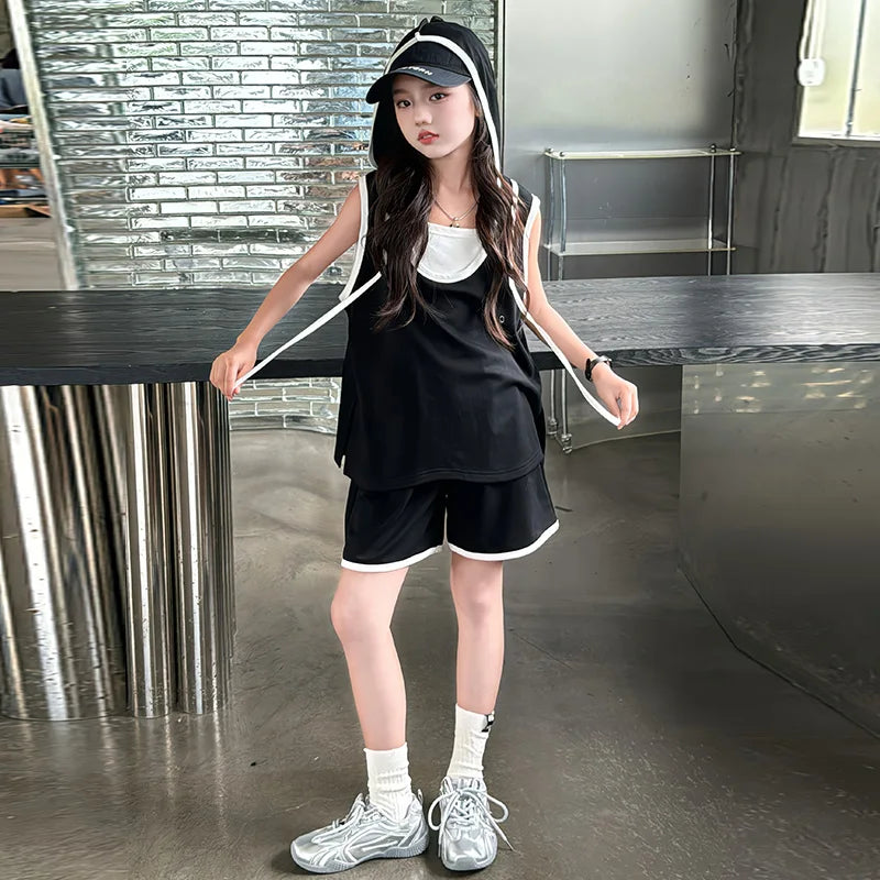 Girl Shorts Set Summer Solid Colors Patchwork design Kids Sports Clothing Suit Casual Child Hoodies Sleeveless Shirt Outfits 12