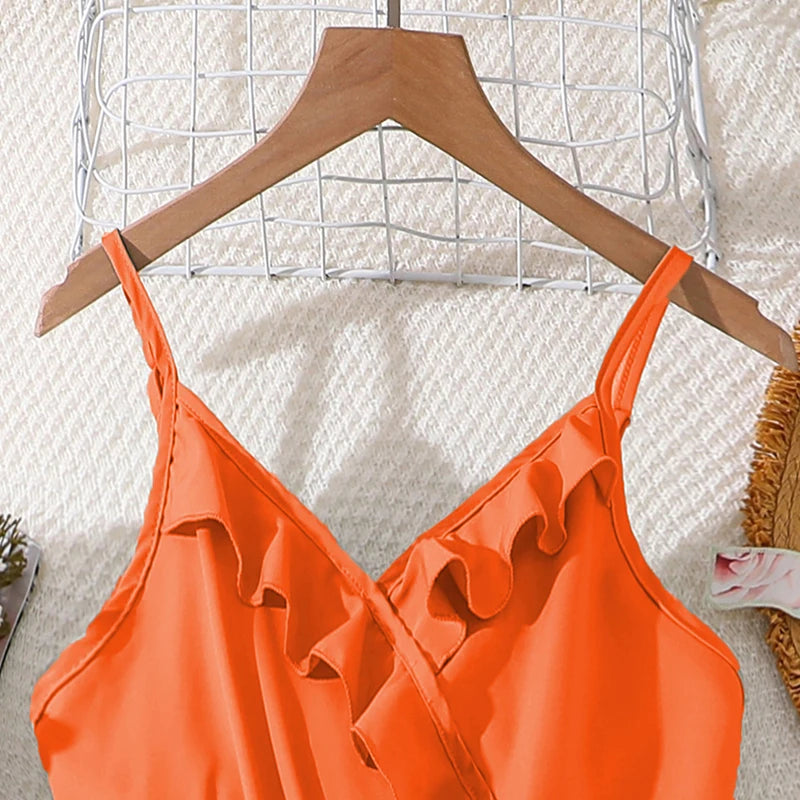 Summer Jumpsuit for 8-12 Year Old Girls Orange Sling Splicing Floral Print Trousers with Decorative Belt Leisure Vacation Wear