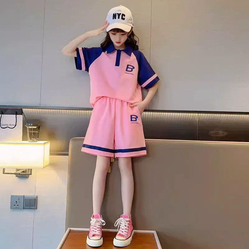 Kids Short-sleeved Set Striped T-shirt +Shorts Girls Summer Trendy Costume Teenage Fashion Casual Tracksuits Children's Clothing