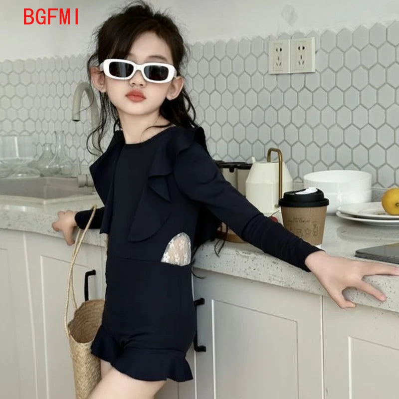 Girls Swimwear Hot Spring Clothing New Teen Girls' Summer Swimsuit Teenage High End Long Sleeved Flounce Sunscreen Swimsuit