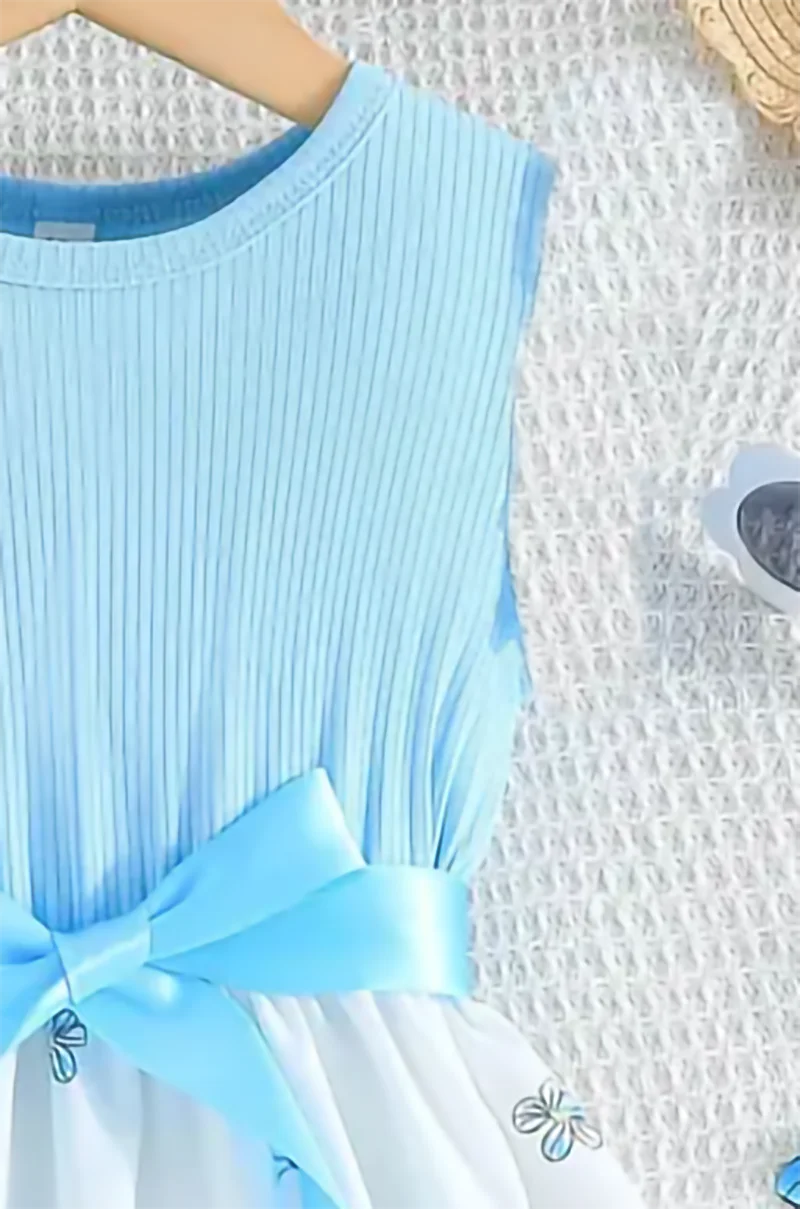 A Fresh And Cute Sleeveless Blue Floral Pattern Dress For Summer