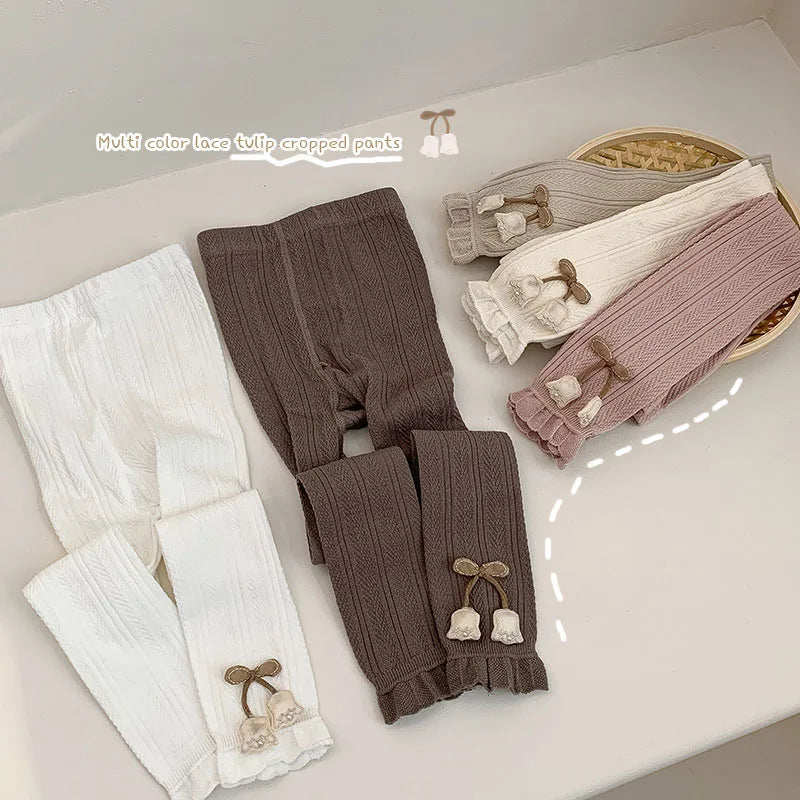 Girls' Leggings Multi Colors 1-7 Y 2024 Autumn New Cute Lace Tulip Thin Legging for Kid's Cropped Pants Daily Outdoor Wear