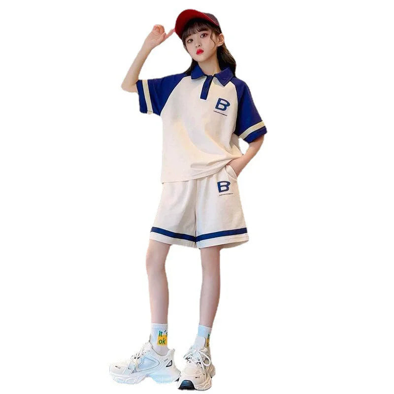 Kids Short-sleeved Set Striped T-shirt +Shorts Girls Summer Trendy Costume Teenage Fashion Casual Tracksuits Children's Clothing