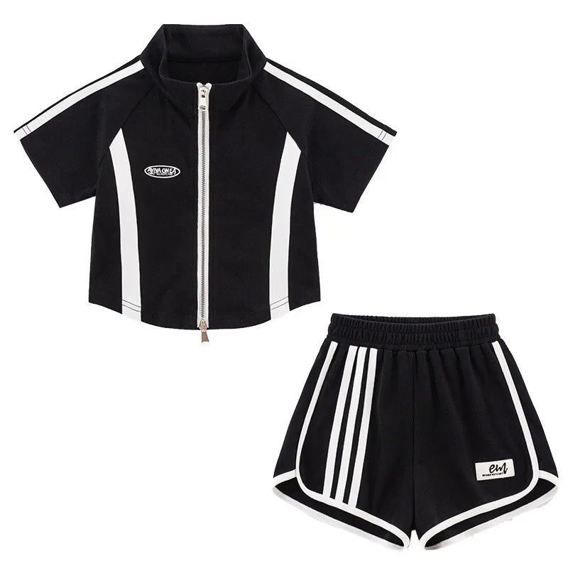 Girls Shorts Set Summer Contrast Colors Patchwork Stripe Sports Kids Clothing Suit Casual Child's Short Sleeve Zip Shirt Outfits