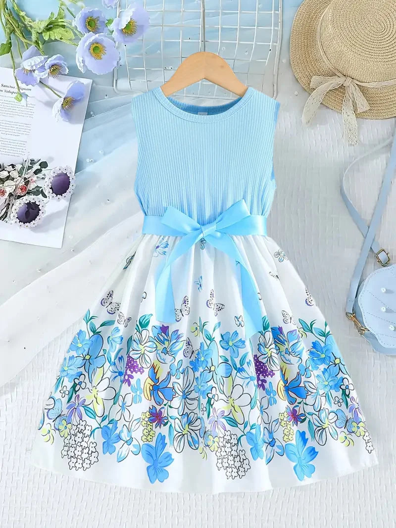 A Fresh And Cute Sleeveless Blue Floral Pattern Dress For Summer