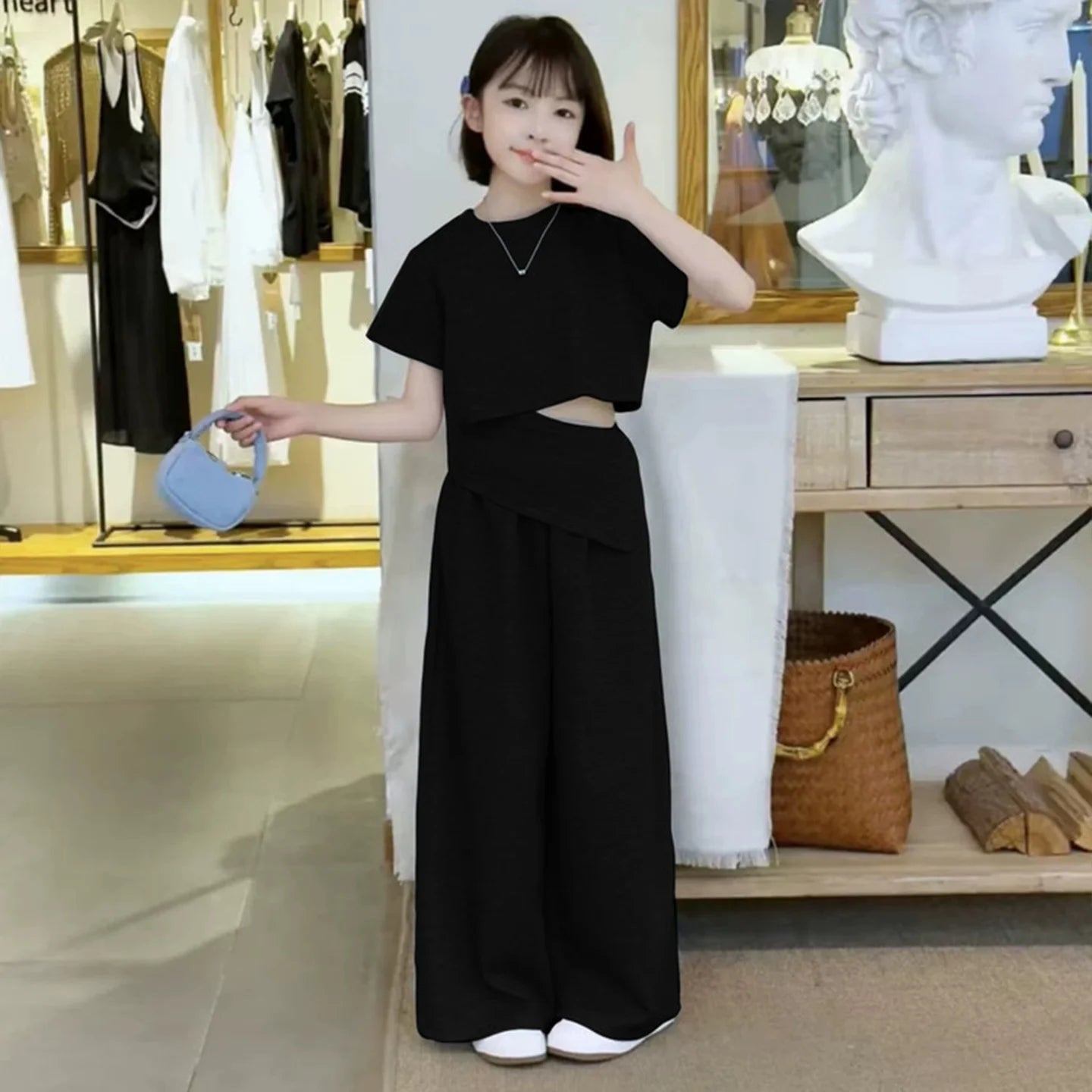 Girls Fashion High Street Clothes Set Crop Kids Tops And Pants Two-piece Set Children Trendy Gray Color Cotton Knit Outfit Suit