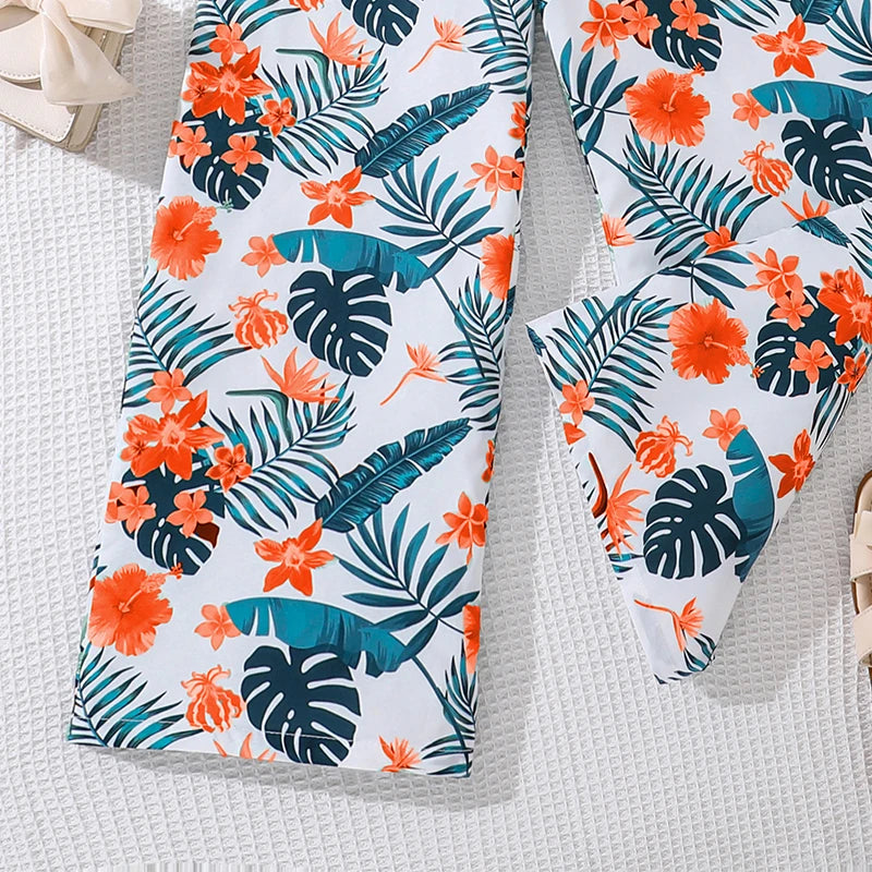 Summer Jumpsuit for 8-12 Year Old Girls Orange Sling Splicing Floral Print Trousers with Decorative Belt Leisure Vacation Wear