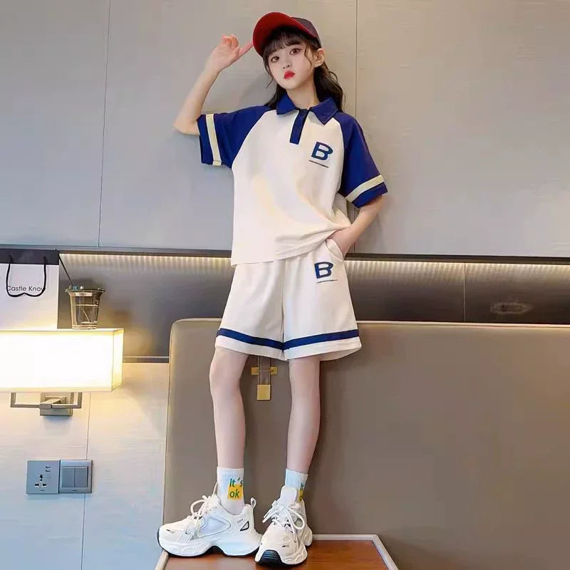 Kids Short-sleeved Set Striped T-shirt +Shorts Girls Summer Trendy Costume Teenage Fashion Casual Tracksuits Children's Clothing