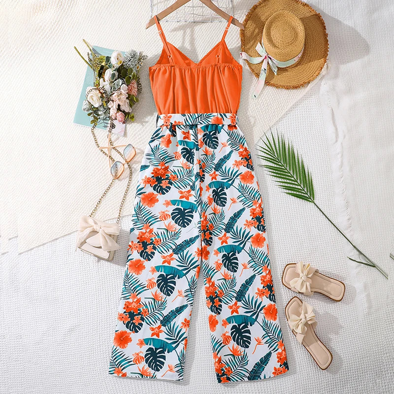 Summer Jumpsuit for 8-12 Year Old Girls Orange Sling Splicing Floral Print Trousers with Decorative Belt Leisure Vacation Wear