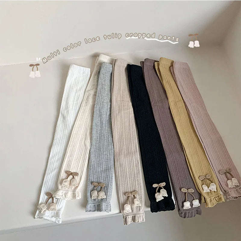 Girls' Leggings Multi Colors 1-7 Y 2024 Autumn New Cute Lace Tulip Thin Legging for Kid's Cropped Pants Daily Outdoor Wear