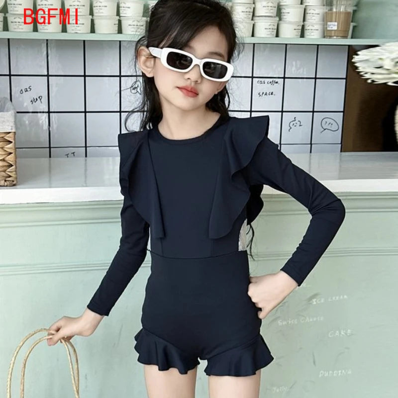 Girls Swimwear Hot Spring Clothing New Teen Girls' Summer Swimsuit Teenage High End Long Sleeved Flounce Sunscreen Swimsuit