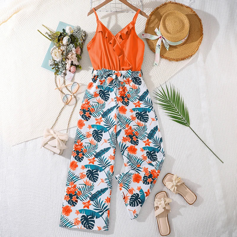 Summer Jumpsuit for 8-12 Year Old Girls Orange Sling Splicing Floral Print Trousers with Decorative Belt Leisure Vacation Wear