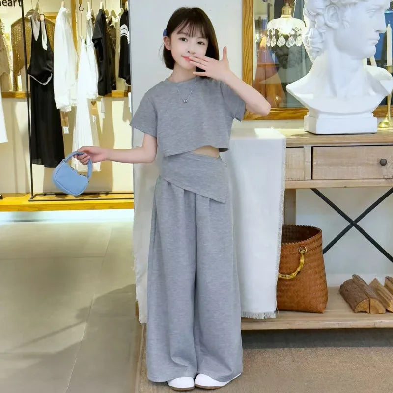 Girls Fashion High Street Clothes Set Crop Kids Tops And Pants Two-piece Set Children Trendy Gray Color Cotton Knit Outfit Suit