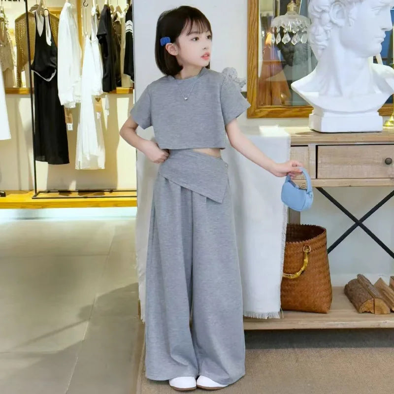 Girls Fashion High Street Clothes Set Crop Kids Tops And Pants Two-piece Set Children Trendy Gray Color Cotton Knit Outfit Suit