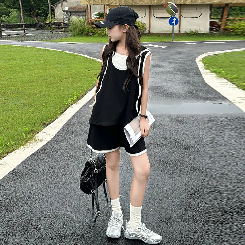 Girl Shorts Set Summer Solid Colors Patchwork design Kids Sports Clothing Suit Casual Child Hoodies Sleeveless Shirt Outfits 12