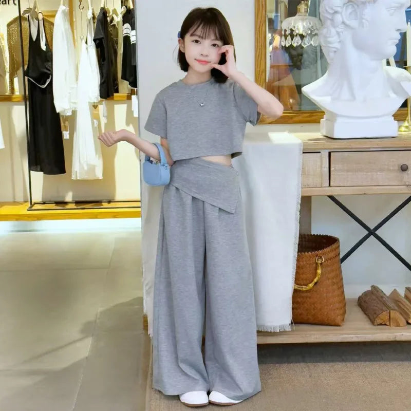 Girls Fashion High Street Clothes Set Crop Kids Tops And Pants Two-piece Set Children Trendy Gray Color Cotton Knit Outfit Suit