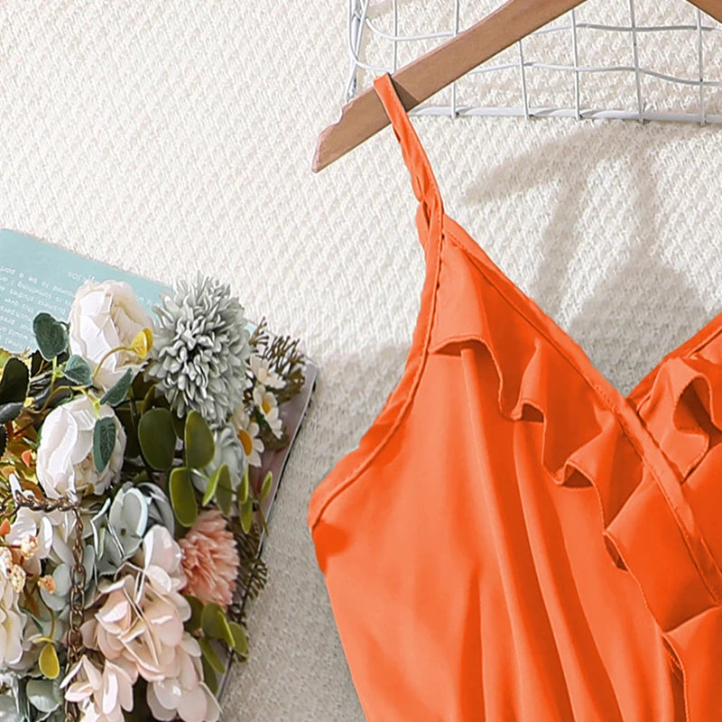 Summer Jumpsuit for 8-12 Year Old Girls Orange Sling Splicing Floral Print Trousers with Decorative Belt Leisure Vacation Wear