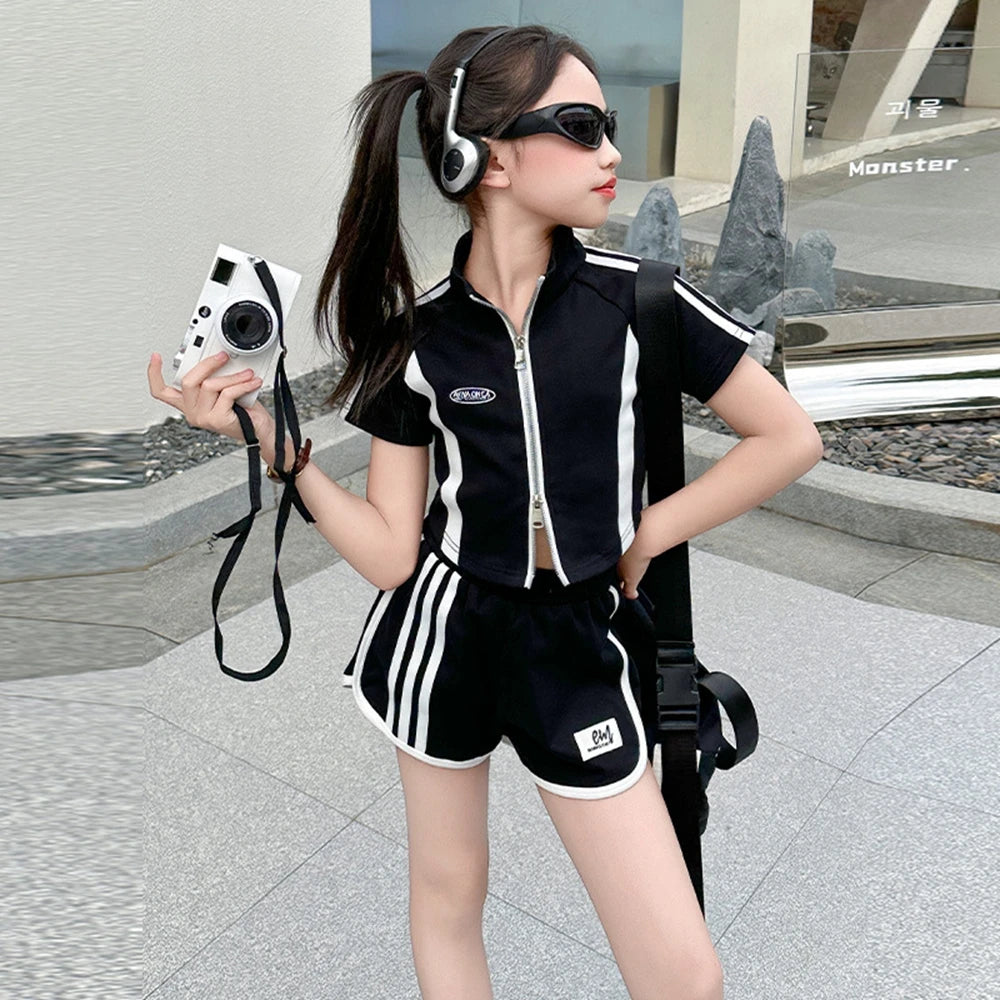 Girls Shorts Set Summer Contrast Colors Patchwork Stripe Sports Kids Clothing Suit Casual Child's Short Sleeve Zip Shirt Outfits