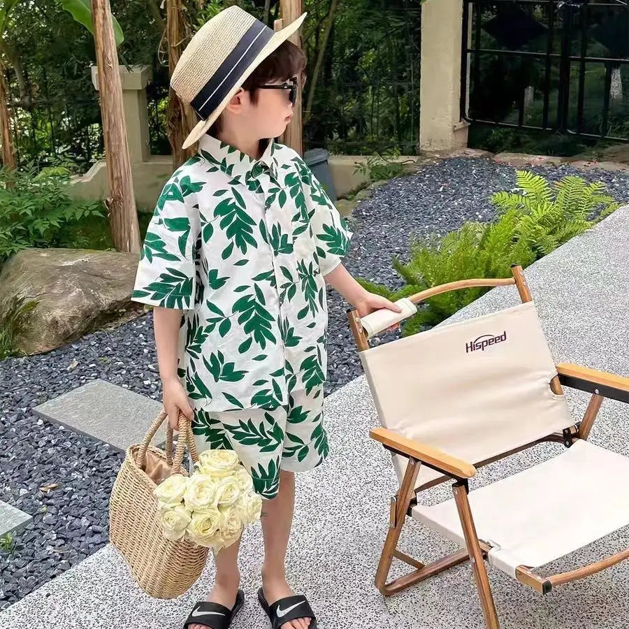 Summer New Style 2025 Hot Short Sleeve Shorts Two Piece Set Trendy Western Style Children's Handsome Street Explosion Shirt Set