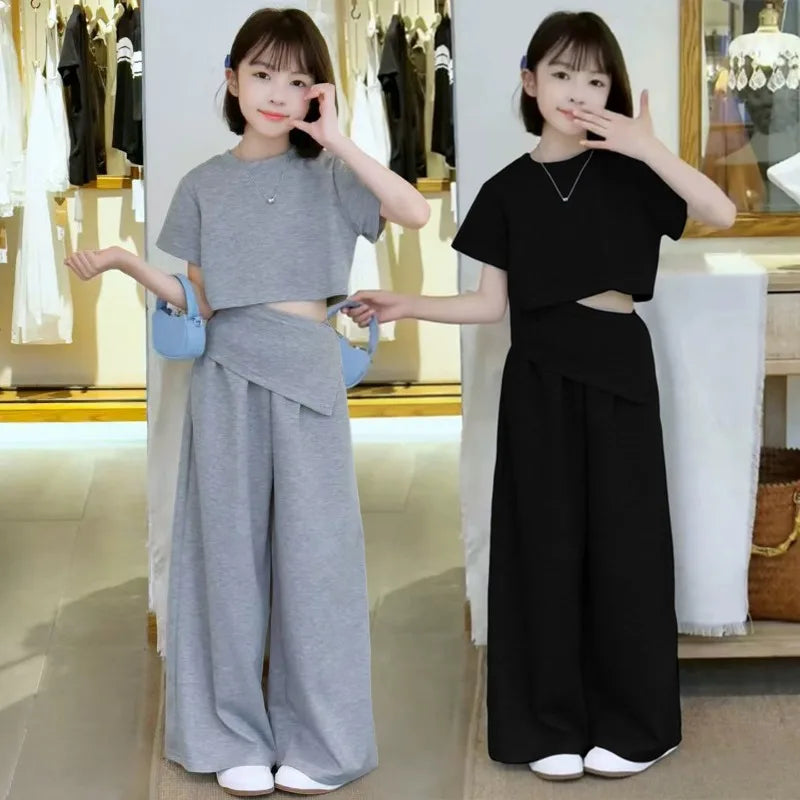 Girls Fashion High Street Clothes Set Crop Kids Tops And Pants Two-piece Set Children Trendy Gray Color Cotton Knit Outfit Suit