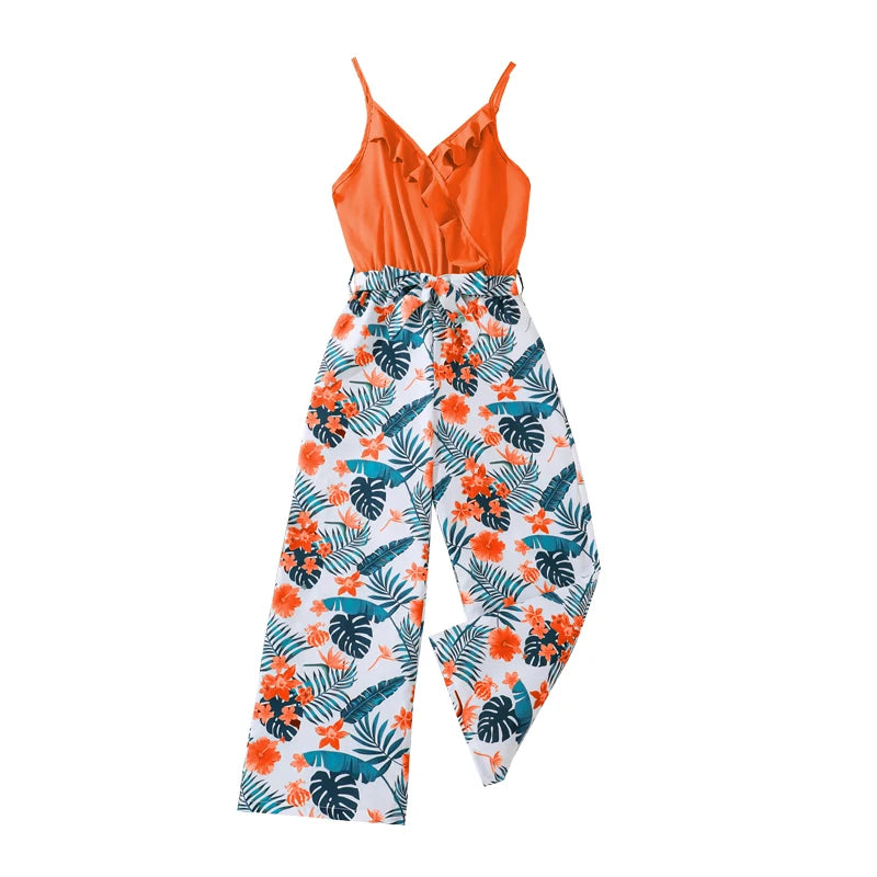 Summer Jumpsuit for 8-12 Year Old Girls Orange Sling Splicing Floral Print Trousers with Decorative Belt Leisure Vacation Wear