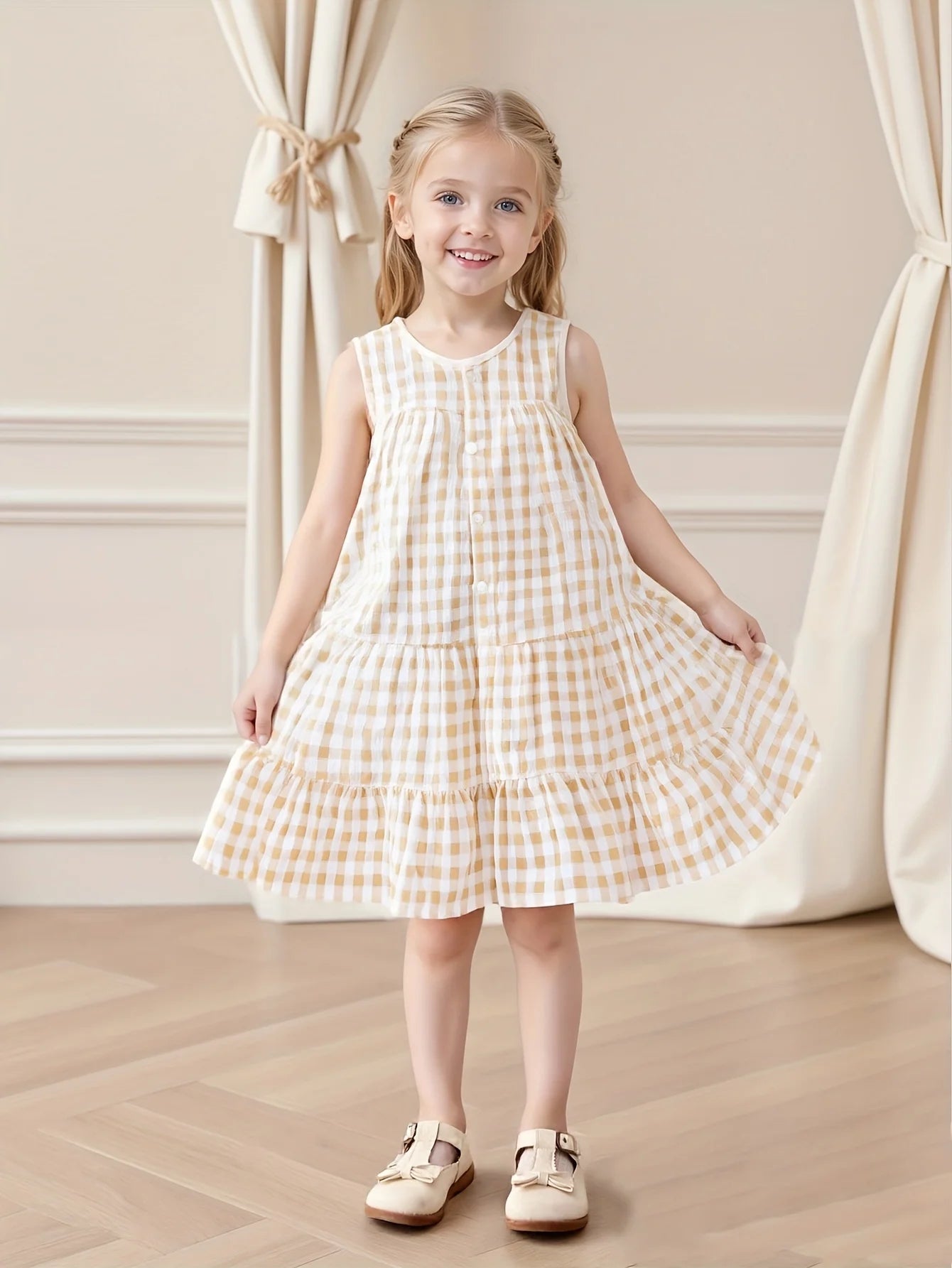 Summer Girls' Outdoor Casual Sleeveless Dress Summer Girls' Refreshing Checked Large Skirt Hem True Button Dress