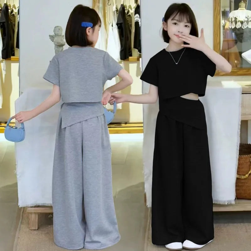 Girls Fashion High Street Clothes Set Crop Kids Tops And Pants Two-piece Set Children Trendy Gray Color Cotton Knit Outfit Suit