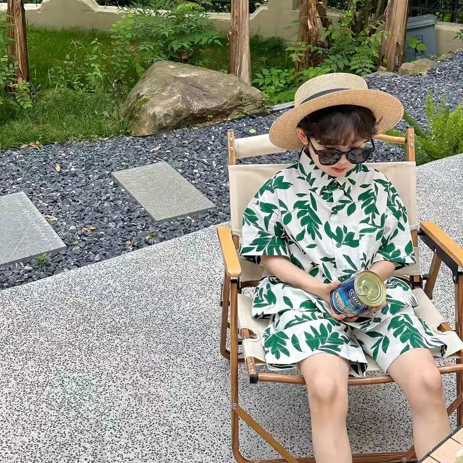 Summer New Style 2025 Hot Short Sleeve Shorts Two Piece Set Trendy Western Style Children's Handsome Street Explosion Shirt Set