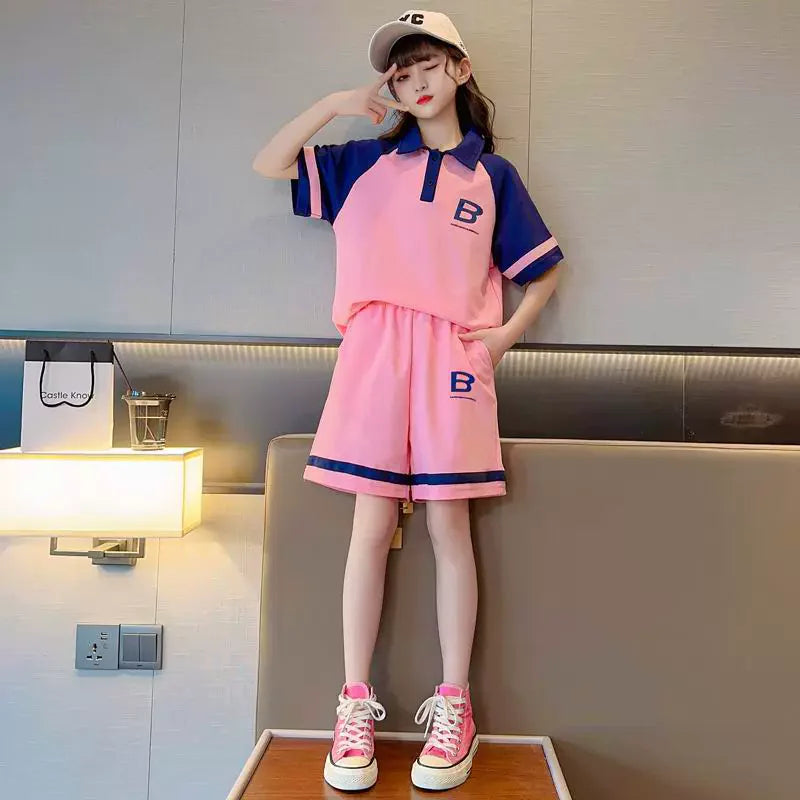 Kids Short-sleeved Set Striped T-shirt +Shorts Girls Summer Trendy Costume Teenage Fashion Casual Tracksuits Children's Clothing