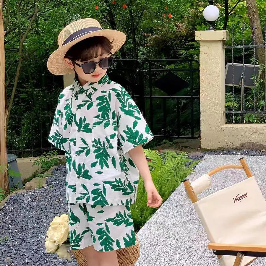 Summer New Style 2025 Hot Short Sleeve Shorts Two Piece Set Trendy Western Style Children's Handsome Street Explosion Shirt Set